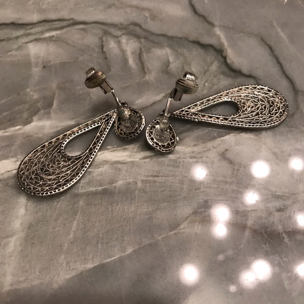 Silver Tone Dangle Clip On Earrings Estate Signed 2.5” Vintage.